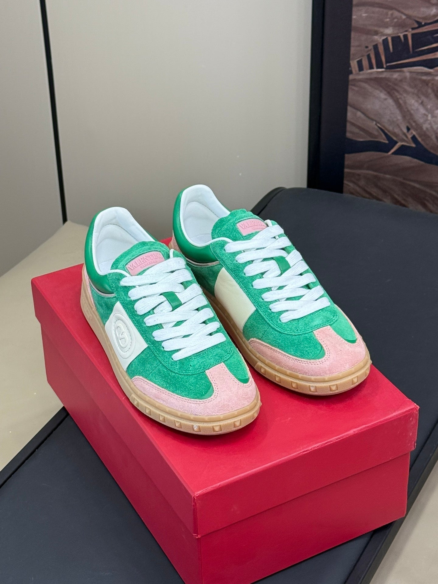 Upvillage Trainer In Shamrock Green Mix Light Pink Suede With Laminated Calfskin 992727