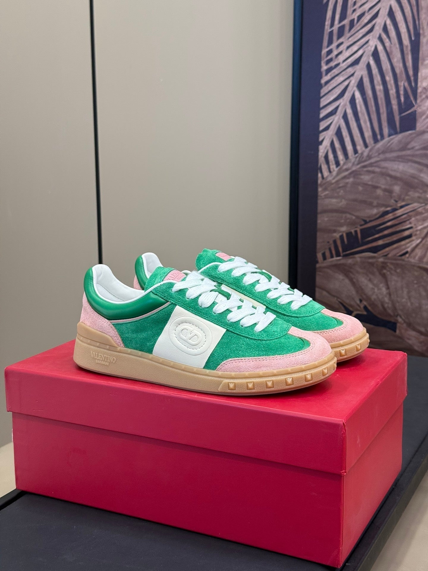 Upvillage Trainer In Shamrock Green Mix Light Pink Suede With Laminated Calfskin 992727