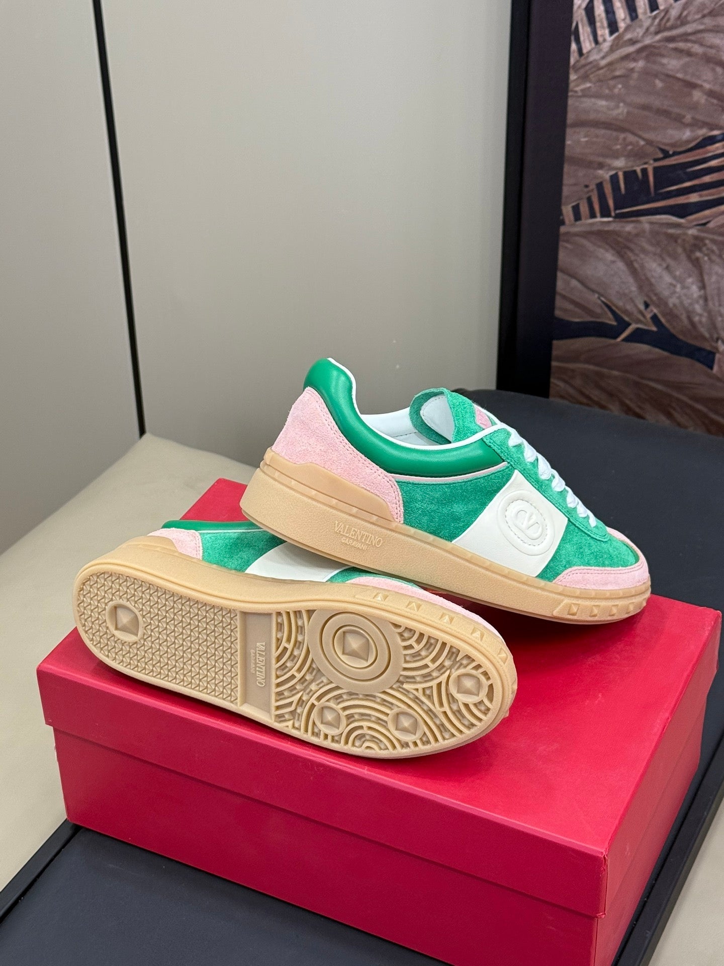 Upvillage Trainer In Shamrock Green Mix Light Pink Suede With Laminated Calfskin 992727