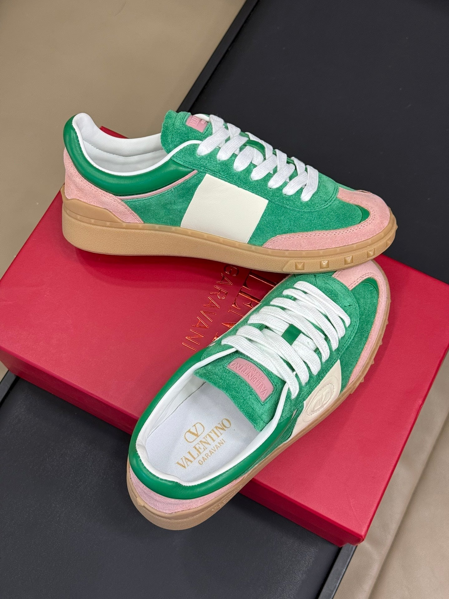 Upvillage Trainer In Shamrock Green Mix Light Pink Suede With Laminated Calfskin 992727