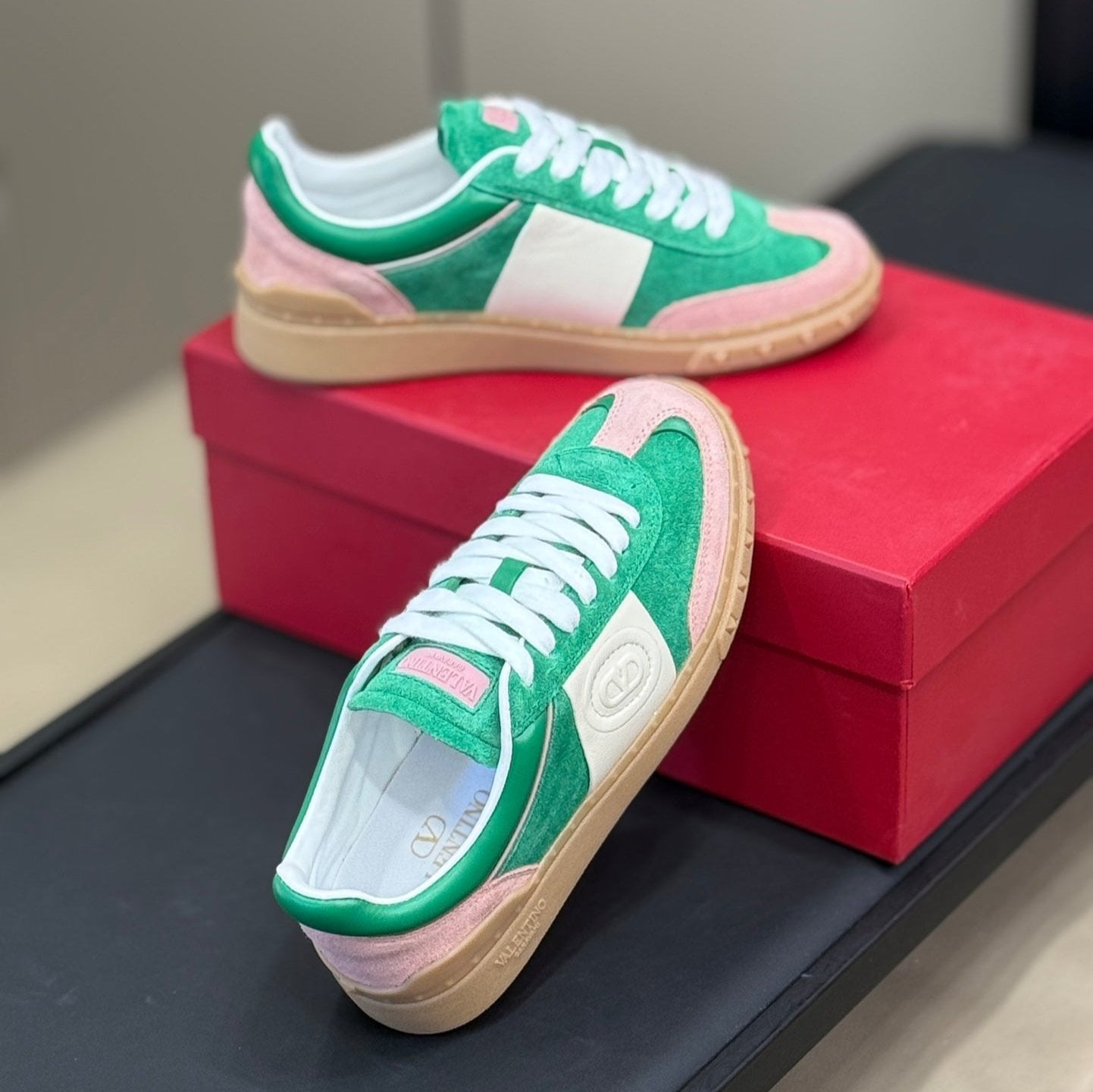 Upvillage Trainer In Shamrock Green Mix Light Pink Suede With Laminated Calfskin 992727