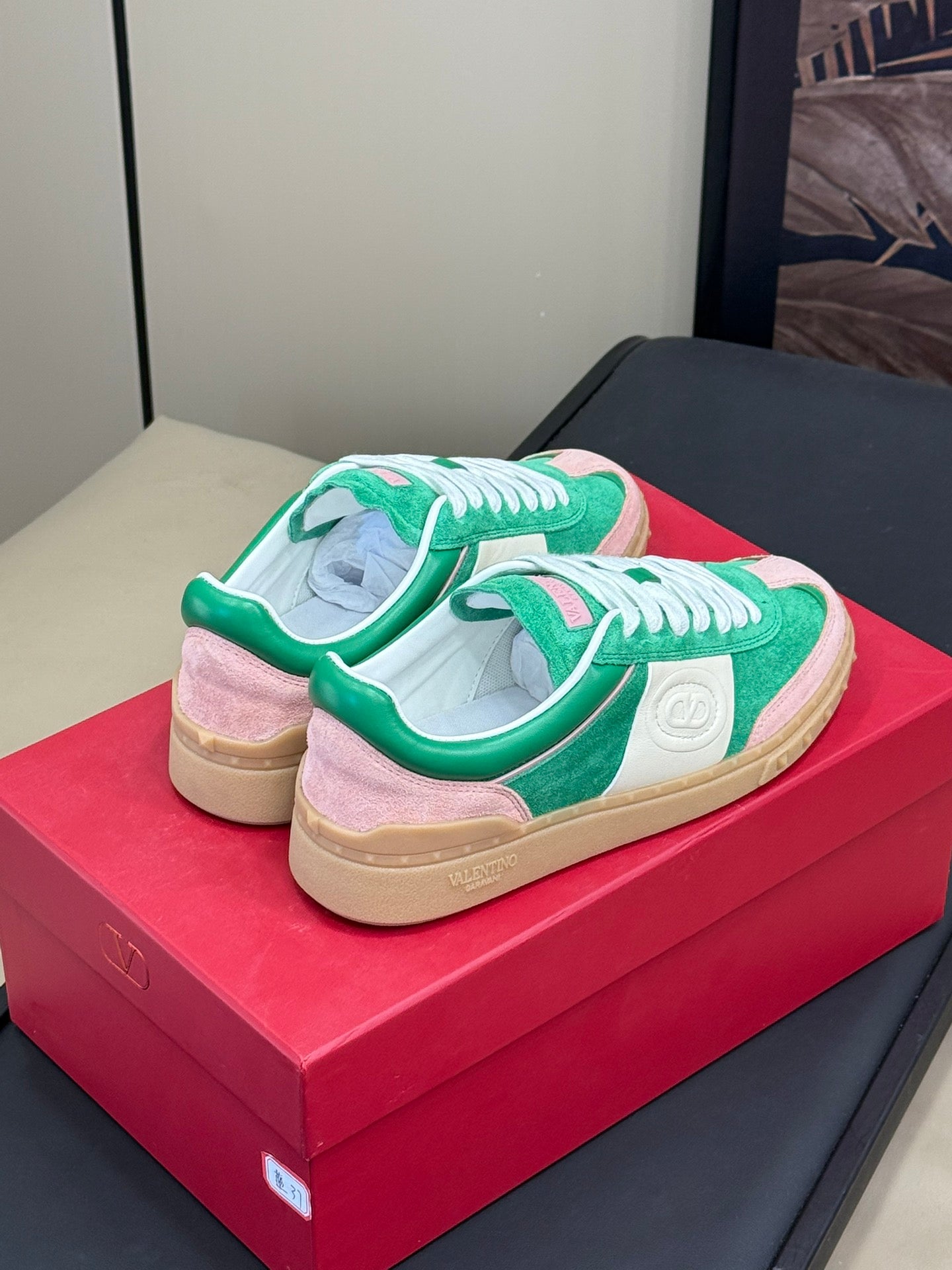 Upvillage Trainer In Shamrock Green Mix Light Pink Suede With Laminated Calfskin 992727