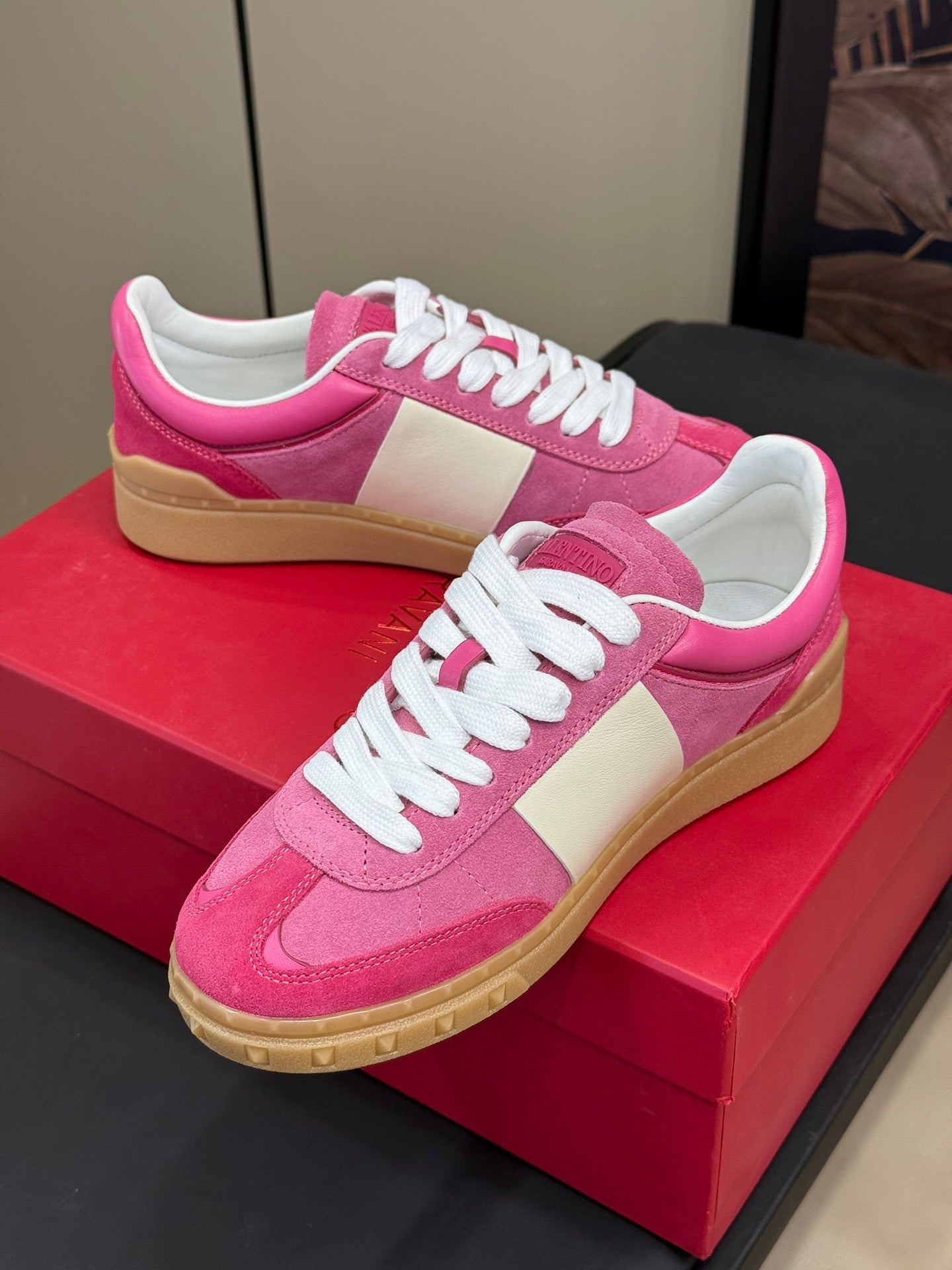 Upvillage Trainer In Dark Pink Mix Pink Suede With Laminated Calfskin  992729