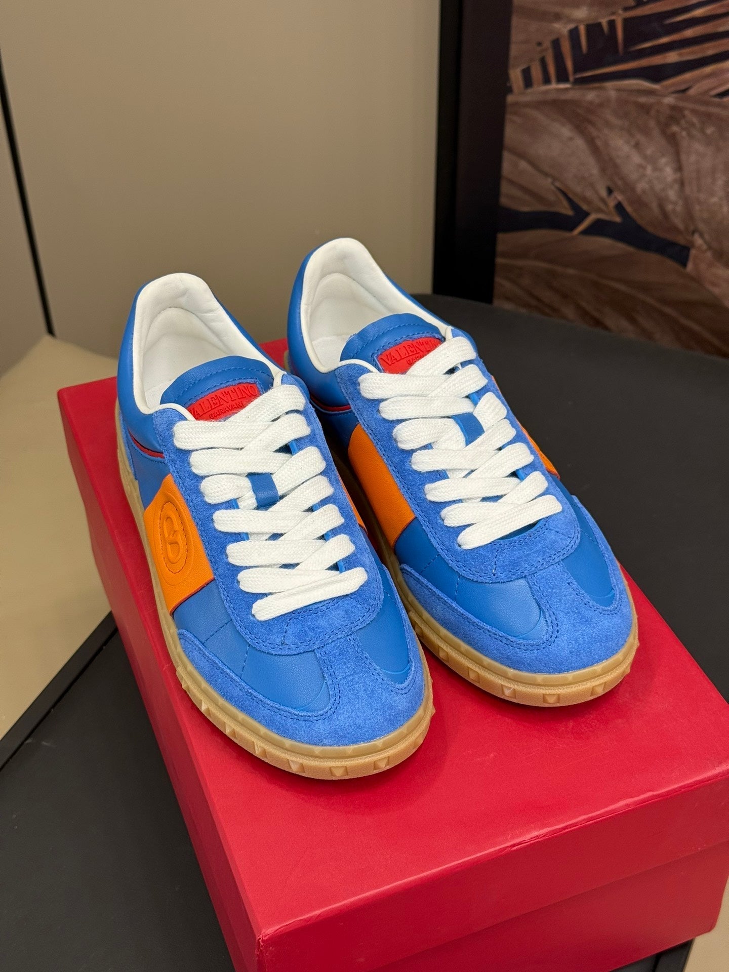 Upvillage Trainer In Blue Mix Orange  Suede With Laminated Calfskin  992730