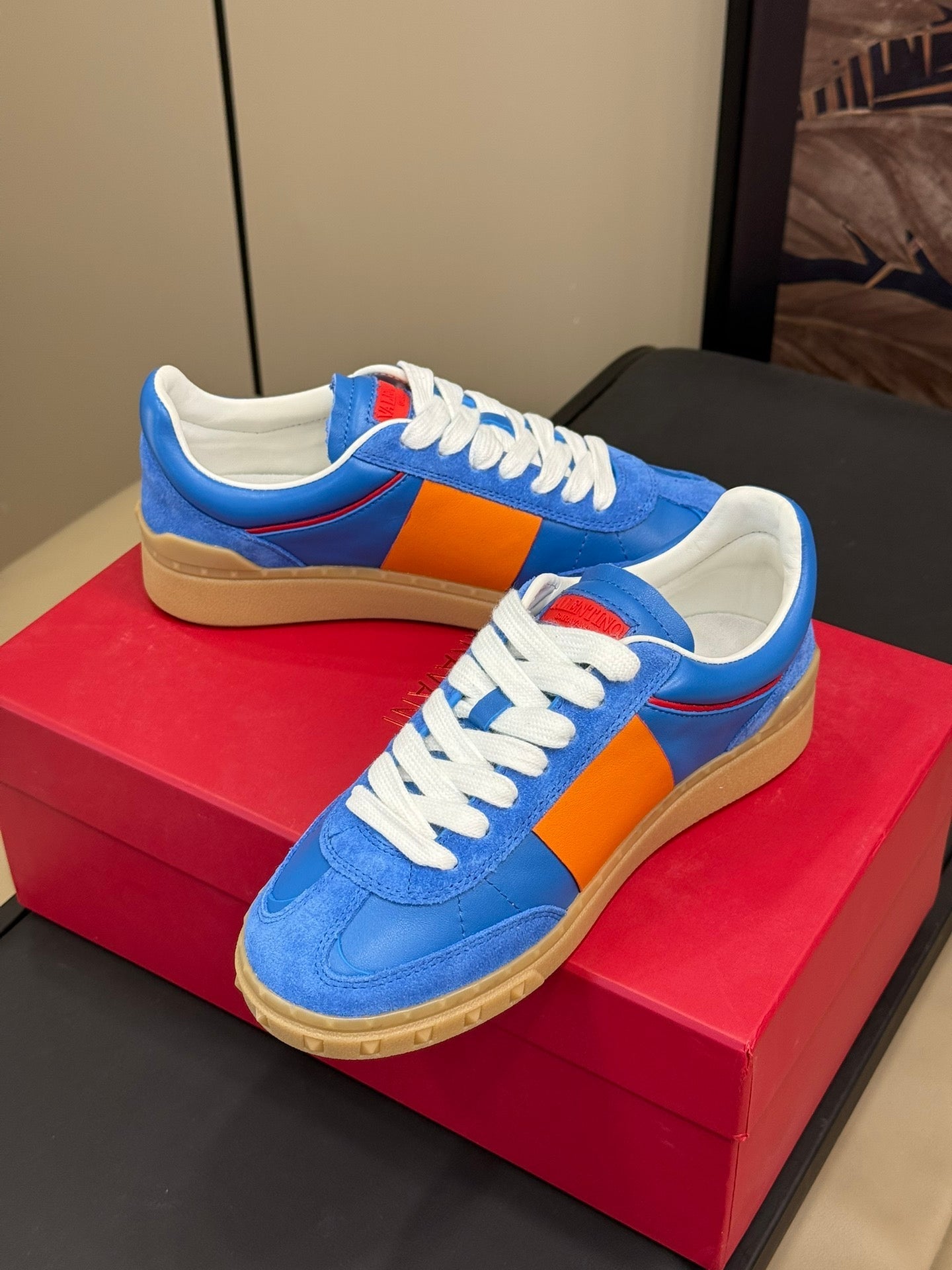 Upvillage Trainer In Blue Mix Orange  Suede With Laminated Calfskin  992730