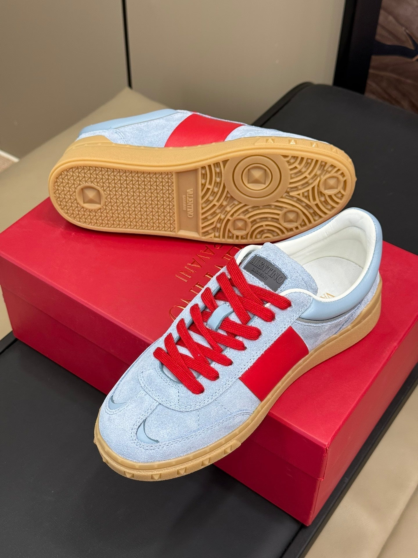 Upvillage Trainer In Light Blue Mix Red Suede With Laminated Calfskin  992731