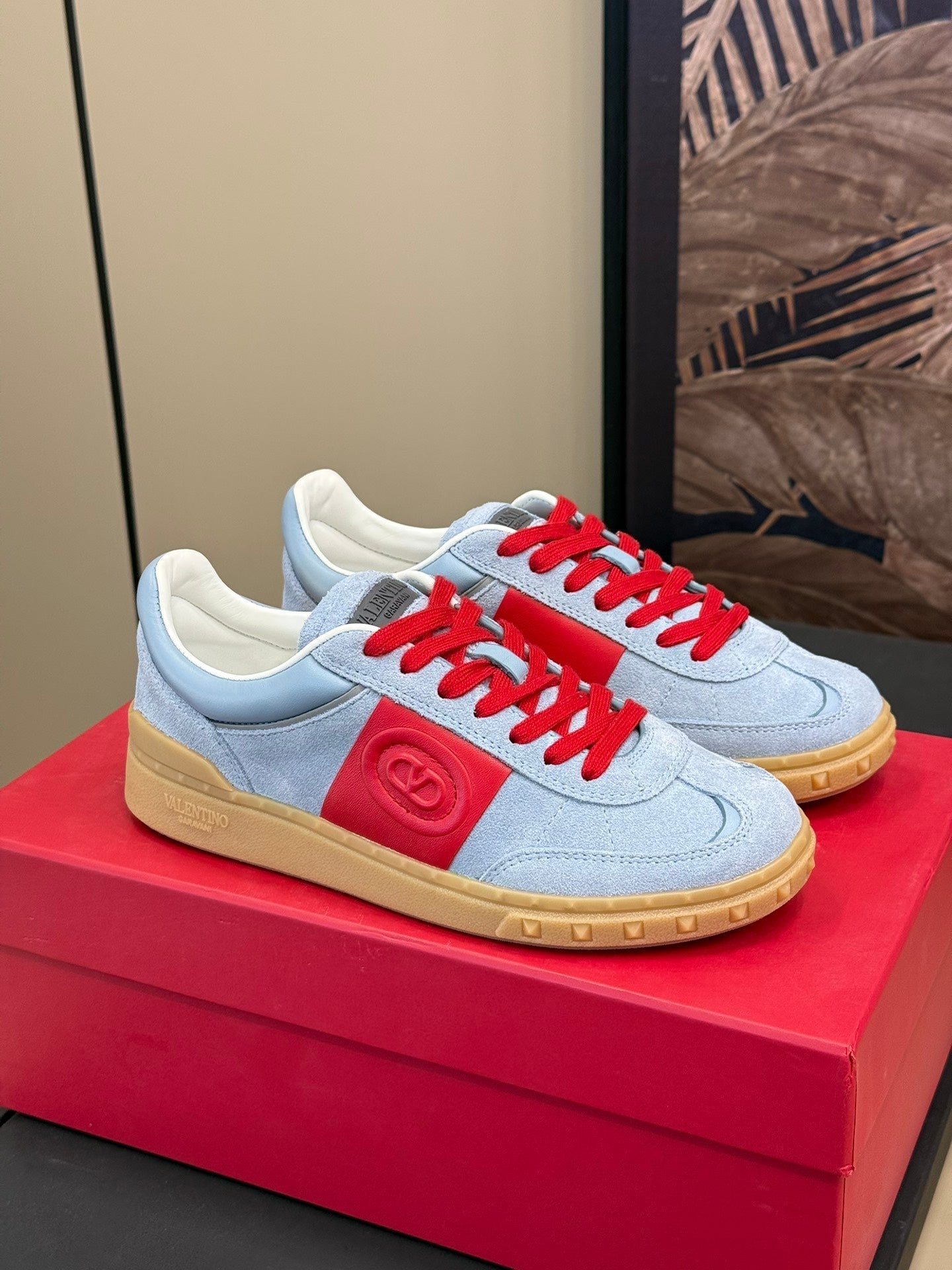 Upvillage Trainer In Light Blue Mix Red Suede With Laminated Calfskin  992731