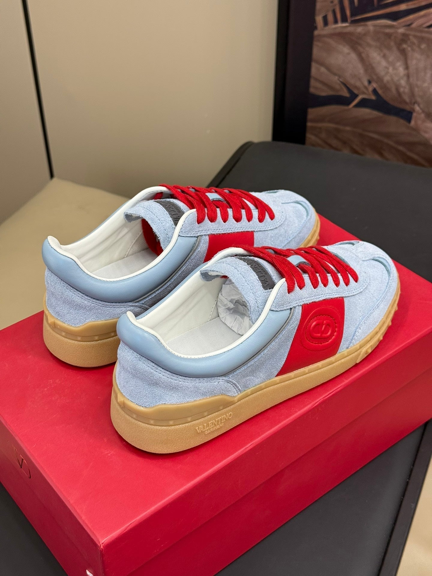 Upvillage Trainer In Light Blue Mix Red Suede With Laminated Calfskin  992731