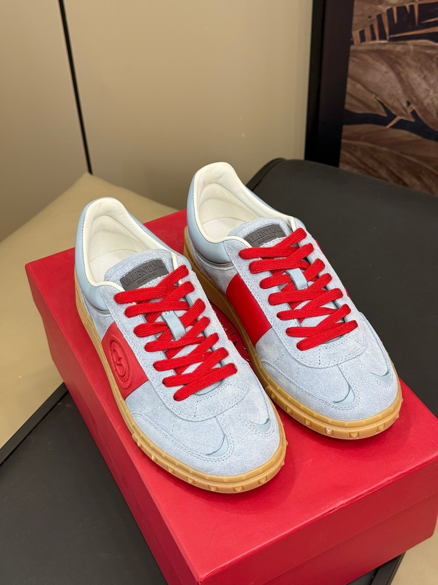 Upvillage Trainer In Light Blue Mix Red Suede With Laminated Calfskin  992731