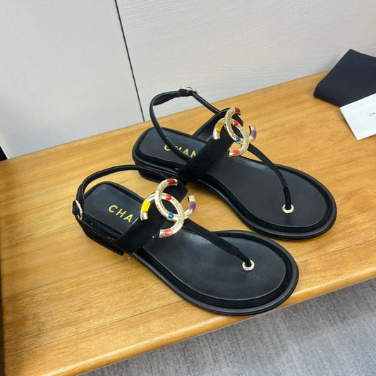 cc thong sandal 30mm black calfskin multicolor cc logo