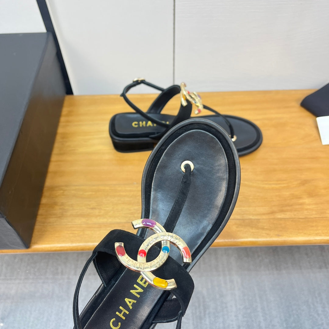 cc thong sandal 30mm black calfskin multicolor cc logo