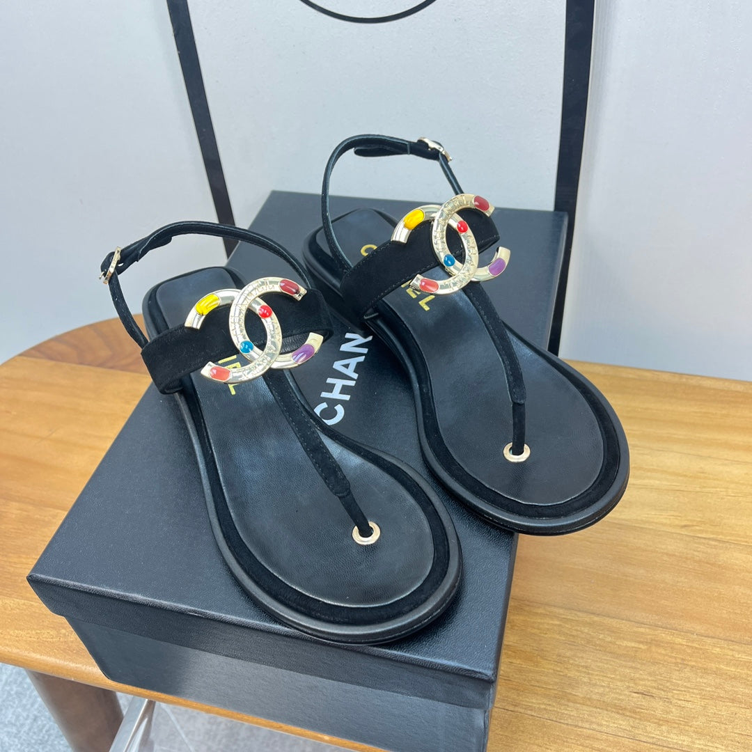 cc thong sandal 30mm black calfskin multicolor cc logo