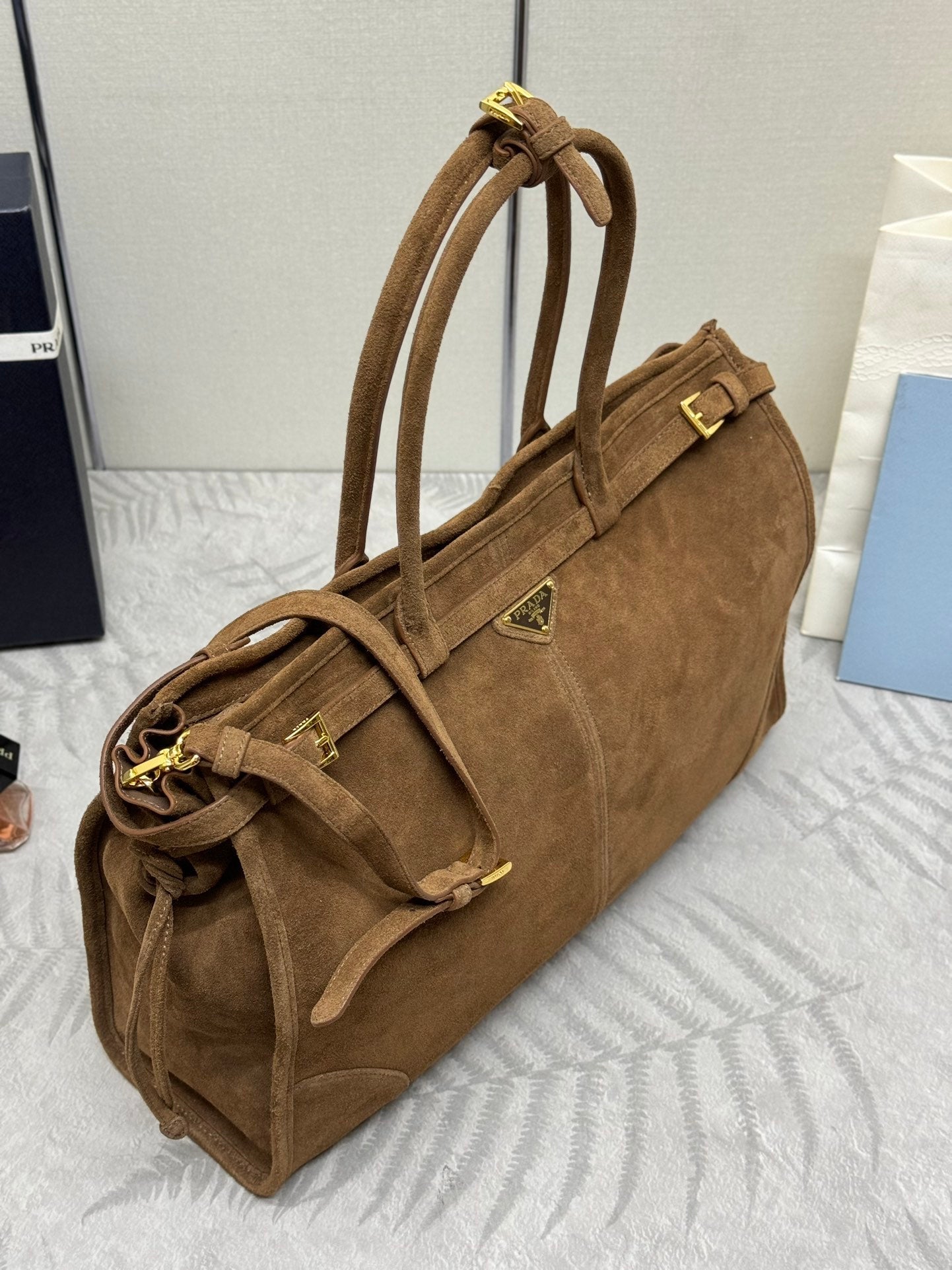 TOTE BAG WITH BELT 42 IN RUSSET BROWN SUEDE GOLD HARDWARE