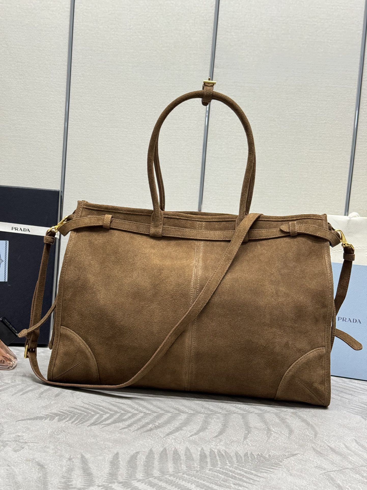 TOTE BAG WITH BELT 42 IN RUSSET BROWN SUEDE GOLD HARDWARE