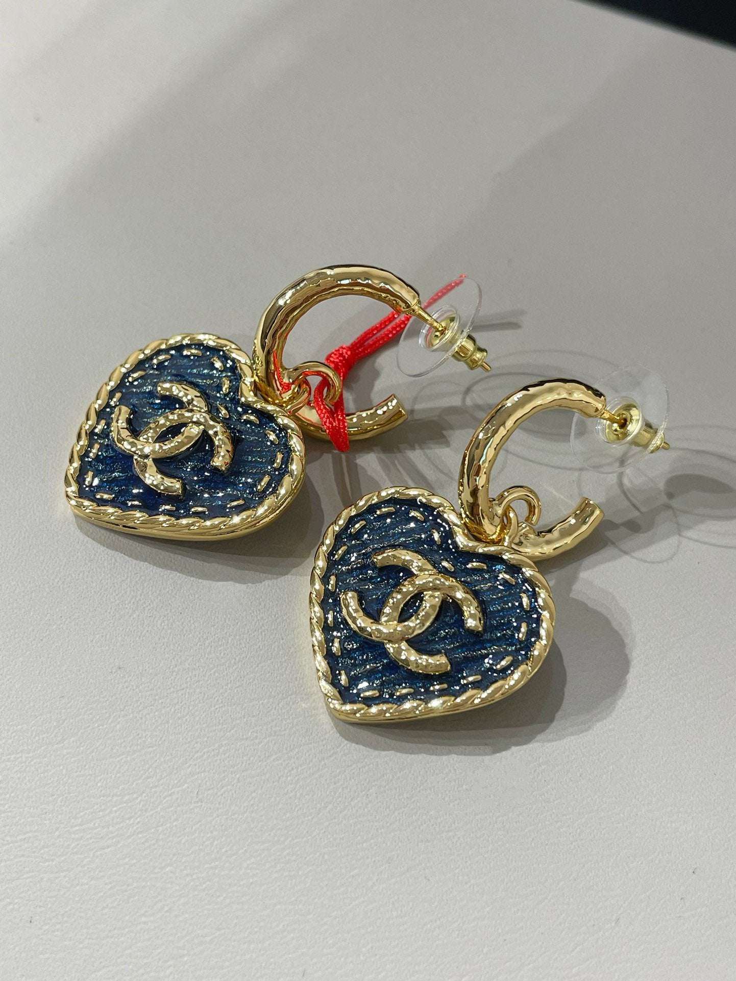 cc heart blue denim light gold hoop earrings