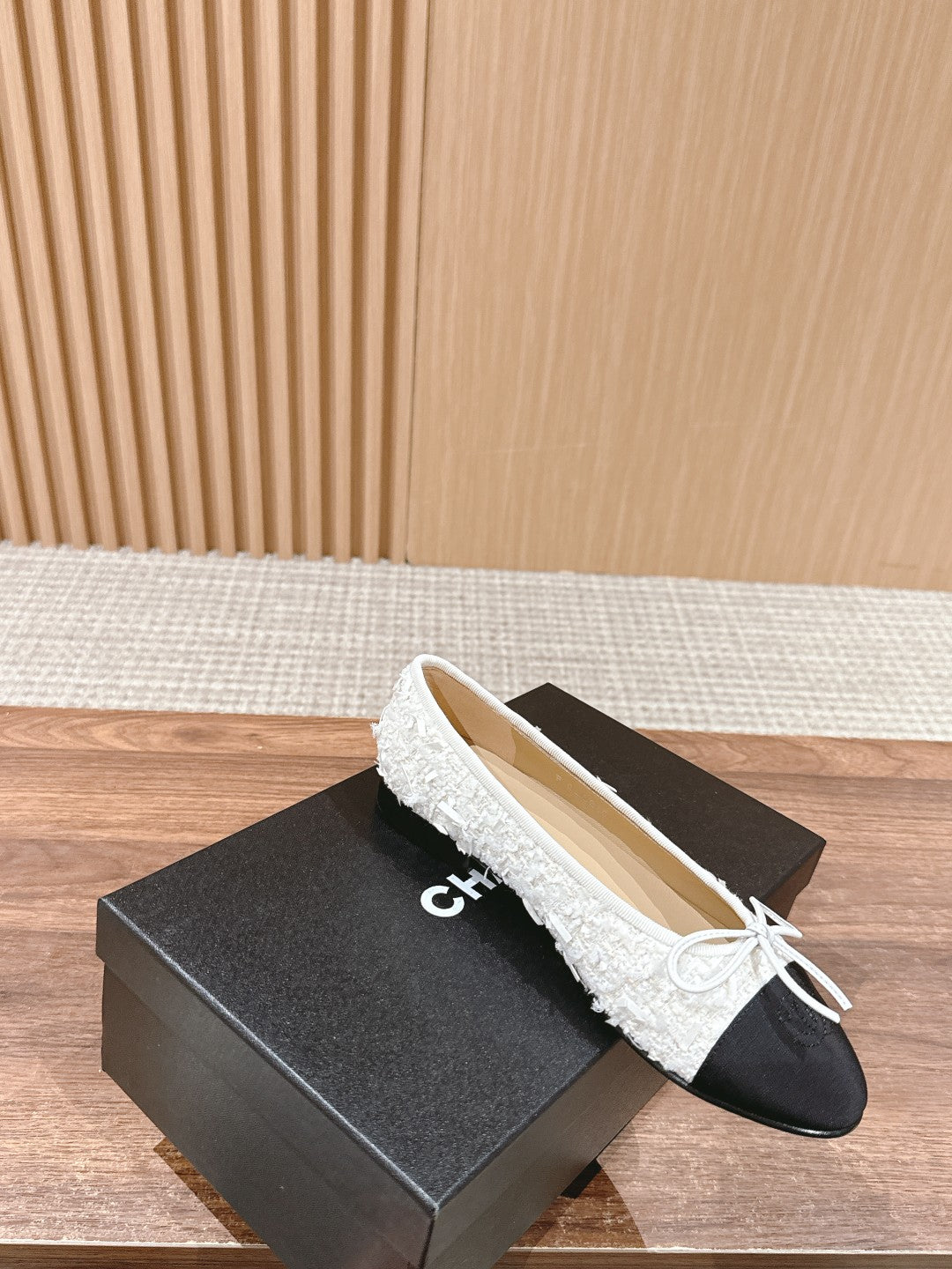 ballet flat white tweed black grosgrain