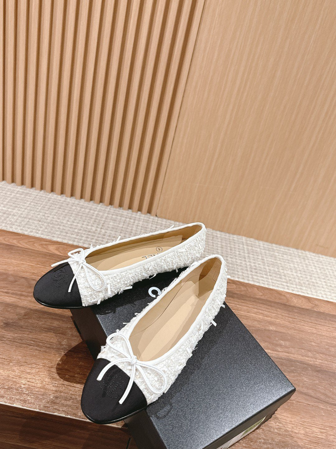 ballet flat white tweed black grosgrain