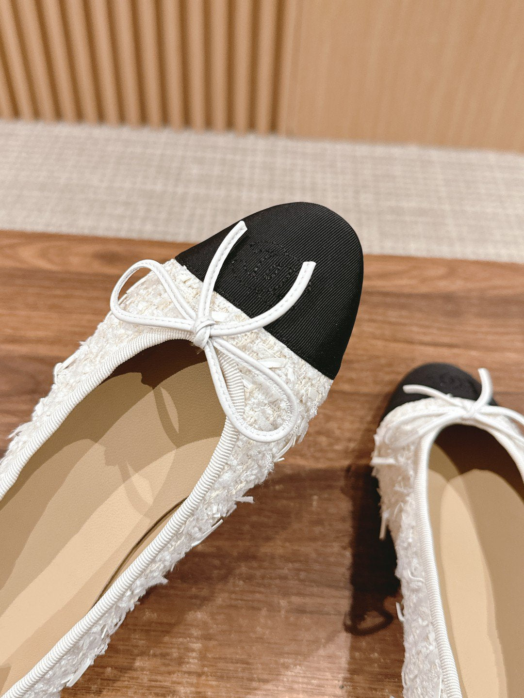 ballet flat white tweed black grosgrain