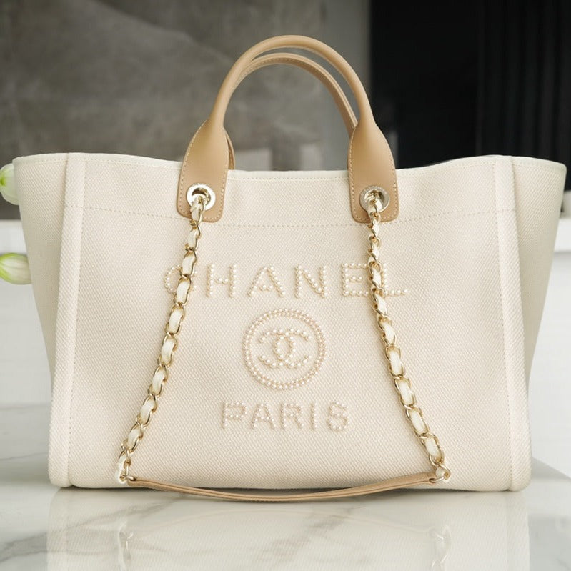 CC LARGE TOTE 39 LIGHT BEIGE CANVAS PEARL LOGO