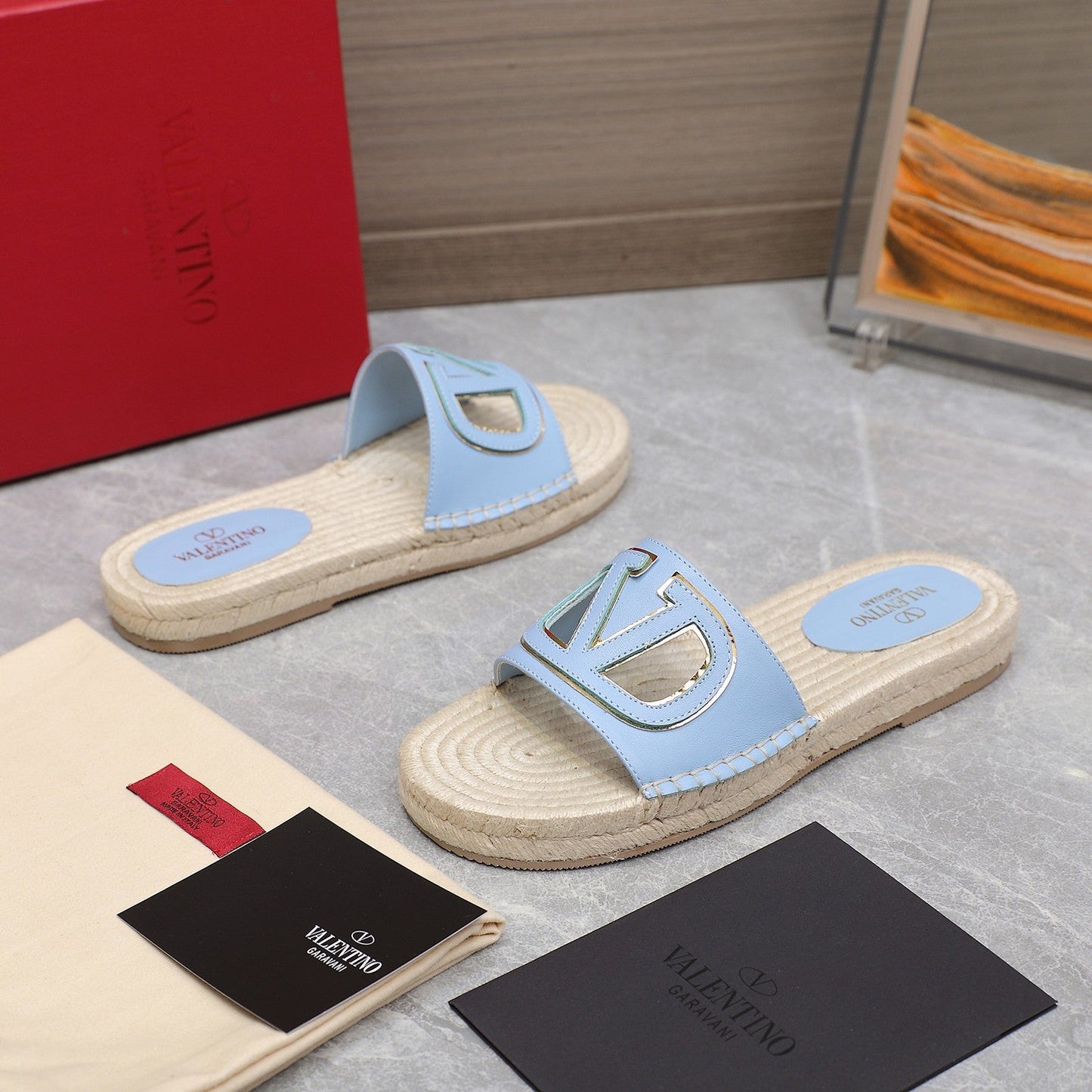 Vlogo Cut-Out Slide 20 Baby Blue Calfskin Beige Sole Raffia