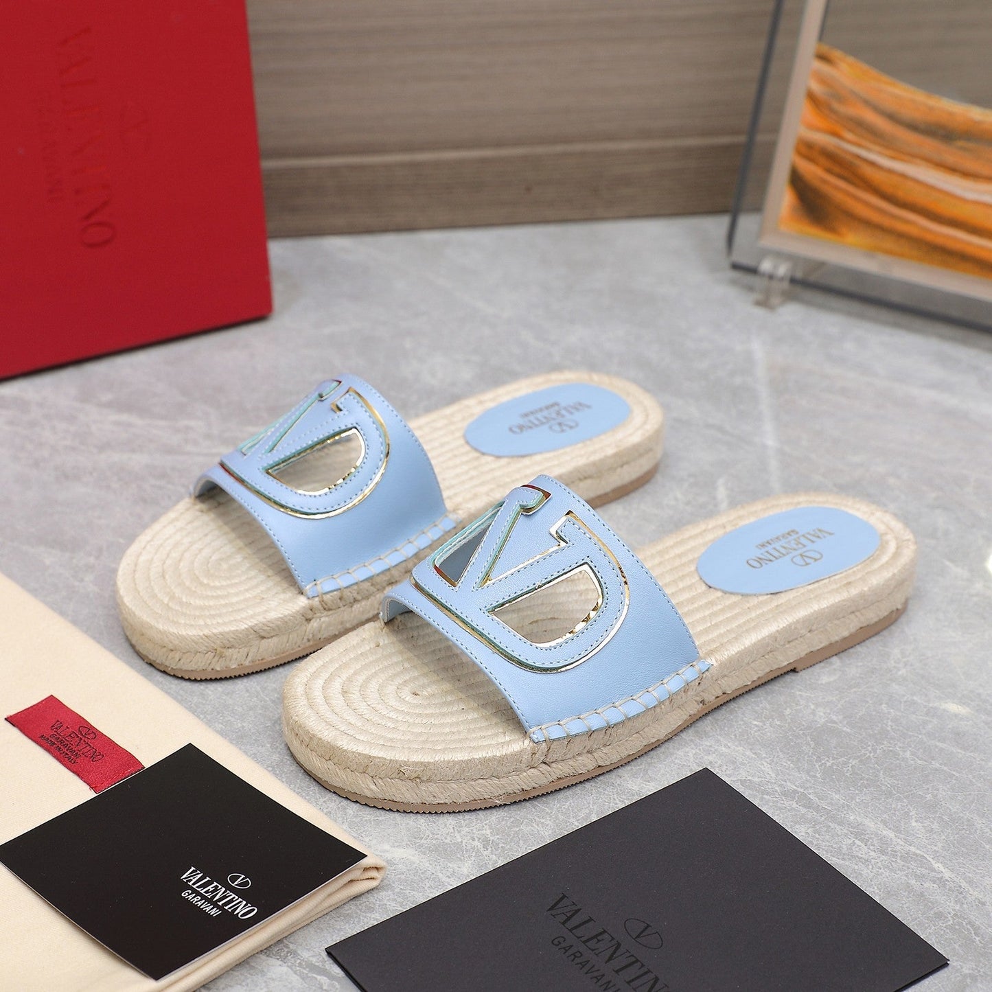 Vlogo Cut-Out Slide 20 Baby Blue Calfskin Beige Sole Raffia