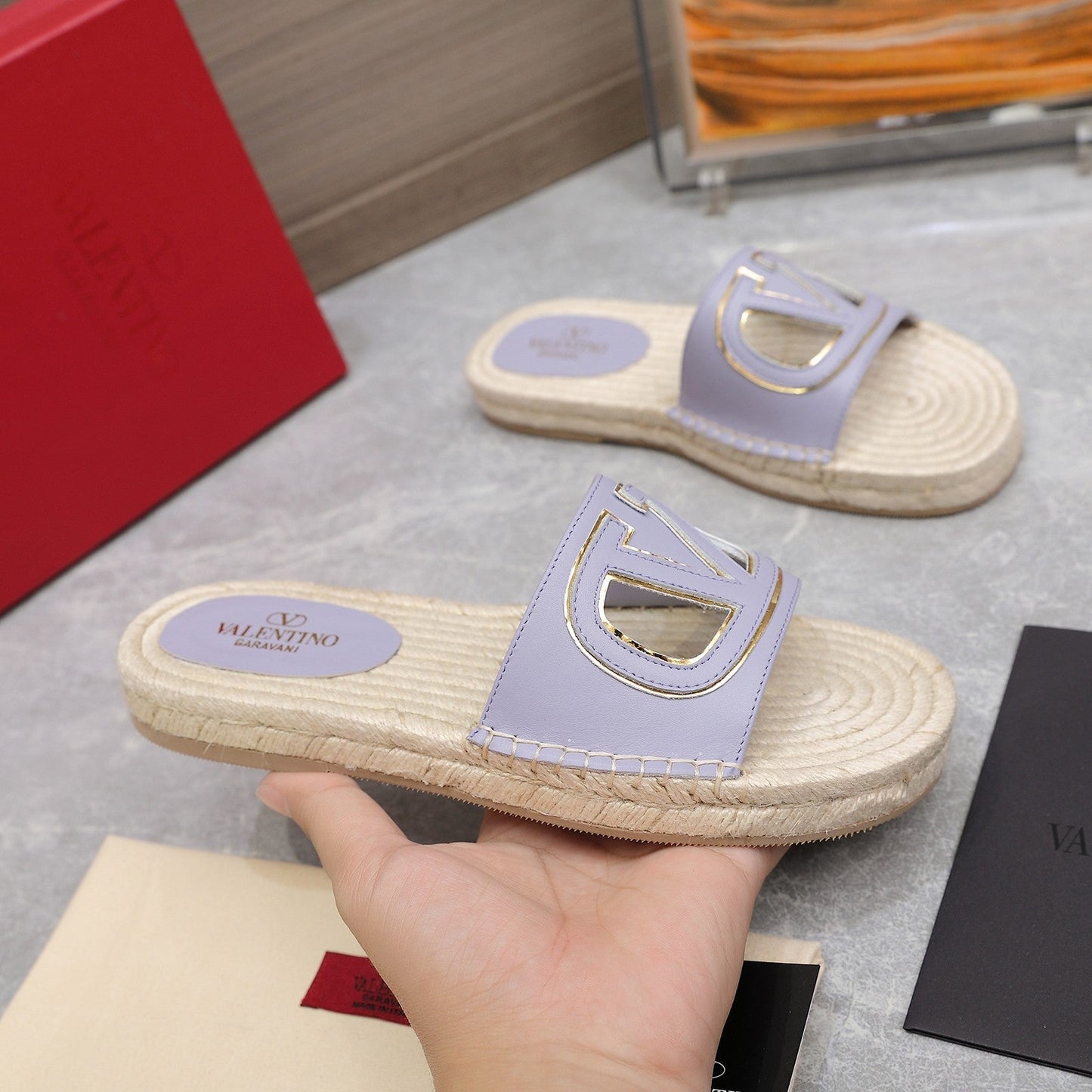 Vlogo Cut-Out Slide 20 Purple Calfskin Beige Sole Raffia