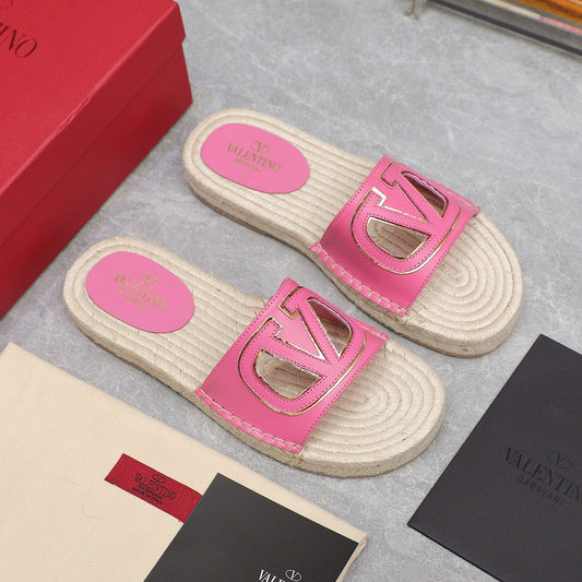 Vlogo Cut-Out Slide 20 Pink Calfskin Beige Sole Raffia