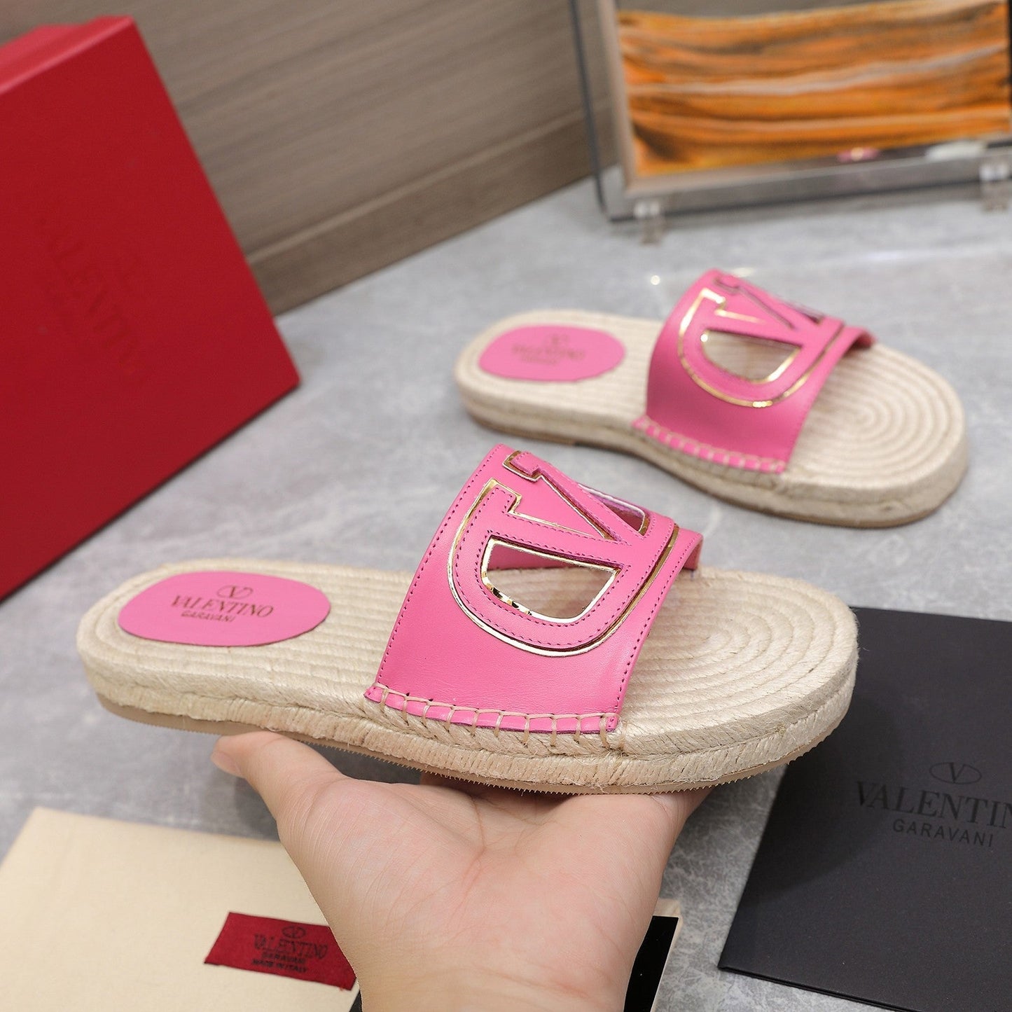 Vlogo Cut-Out Slide 20 Pink Calfskin Beige Sole Raffia