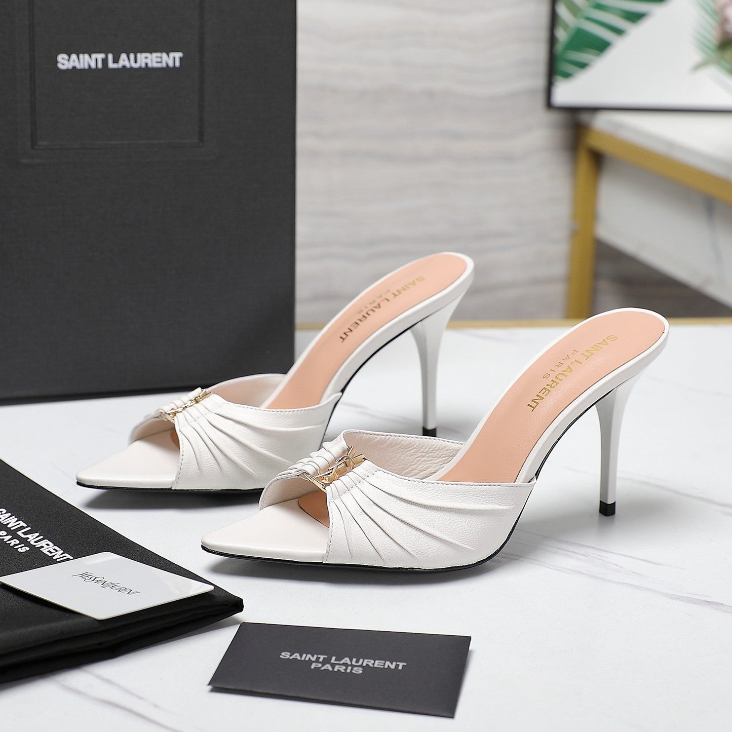 SL BABYLONE MULES 10 WHITE SMOOTH CALFSKIN