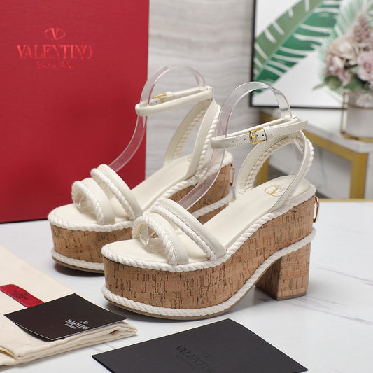 Valentino Garavani VLogo Summerblocks Wedge Sandals 115mm White Mix Brown Cowhide And Nylon Rope 821111