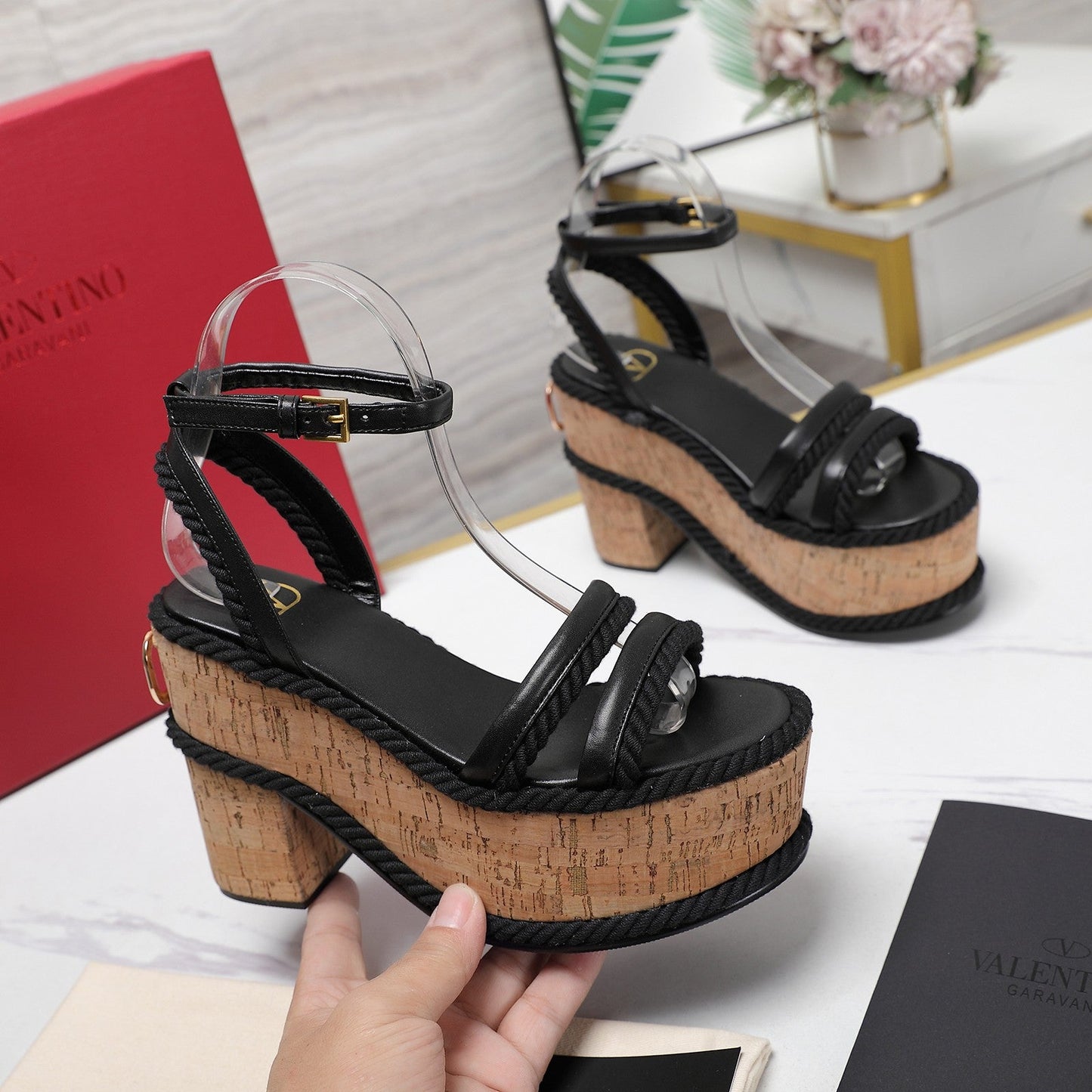 Valentino Garavani VLogo Summerblocks Wedge Sandals 115mm Black Mix Brown Cowhide And Nylon Rope 821113