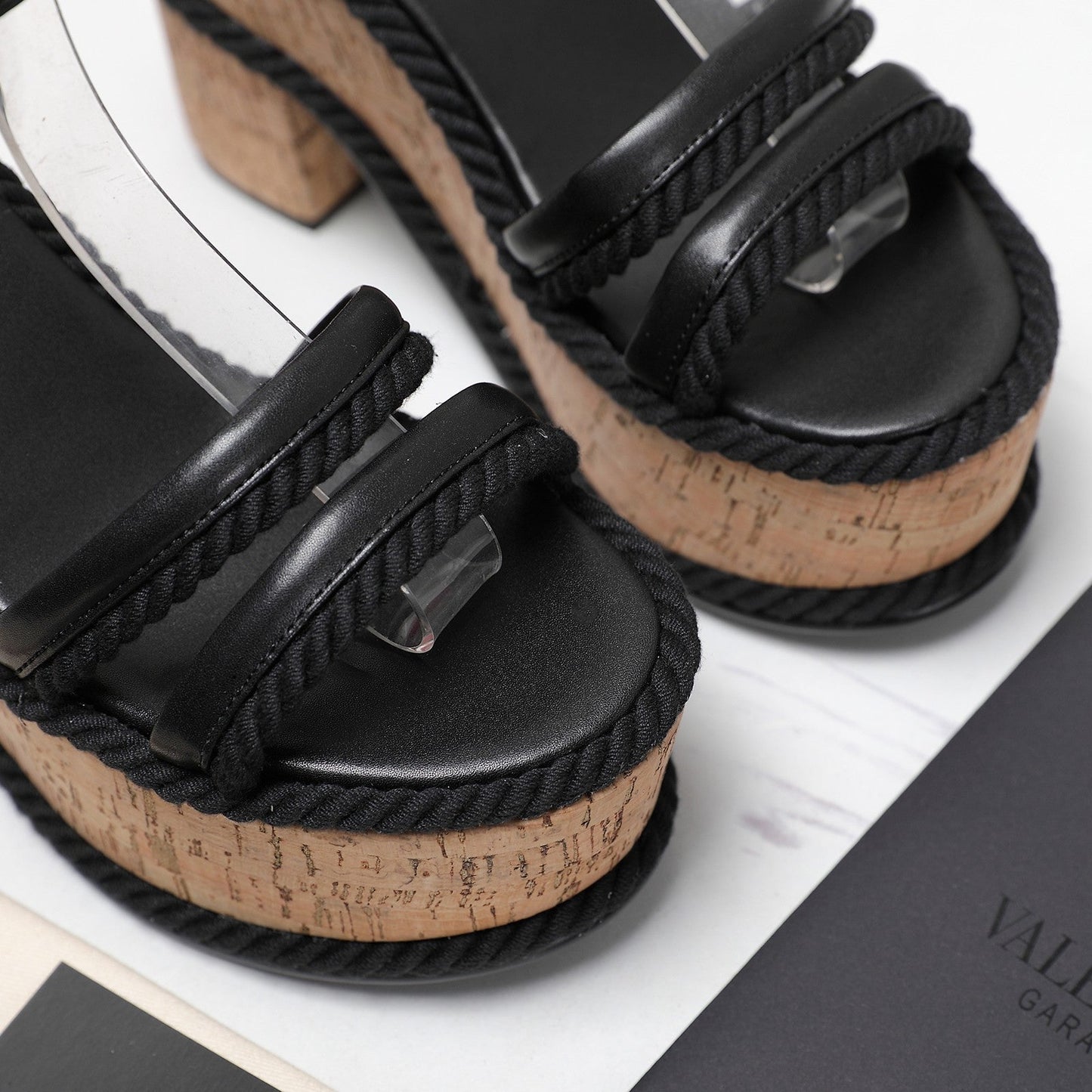 Valentino Garavani VLogo Summerblocks Wedge Sandals 115mm Black Mix Brown Cowhide And Nylon Rope 821113