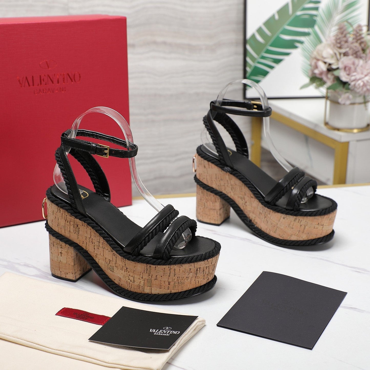 Valentino Garavani VLogo Summerblocks Wedge Sandals 115mm Black Mix Brown Cowhide And Nylon Rope 821113