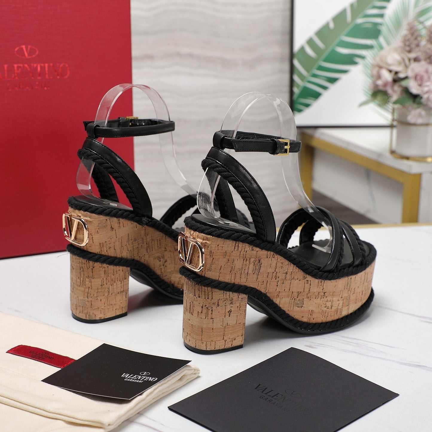 Valentino Garavani VLogo Summerblocks Wedge Sandals 115mm Black Mix Brown Cowhide And Nylon Rope 821113