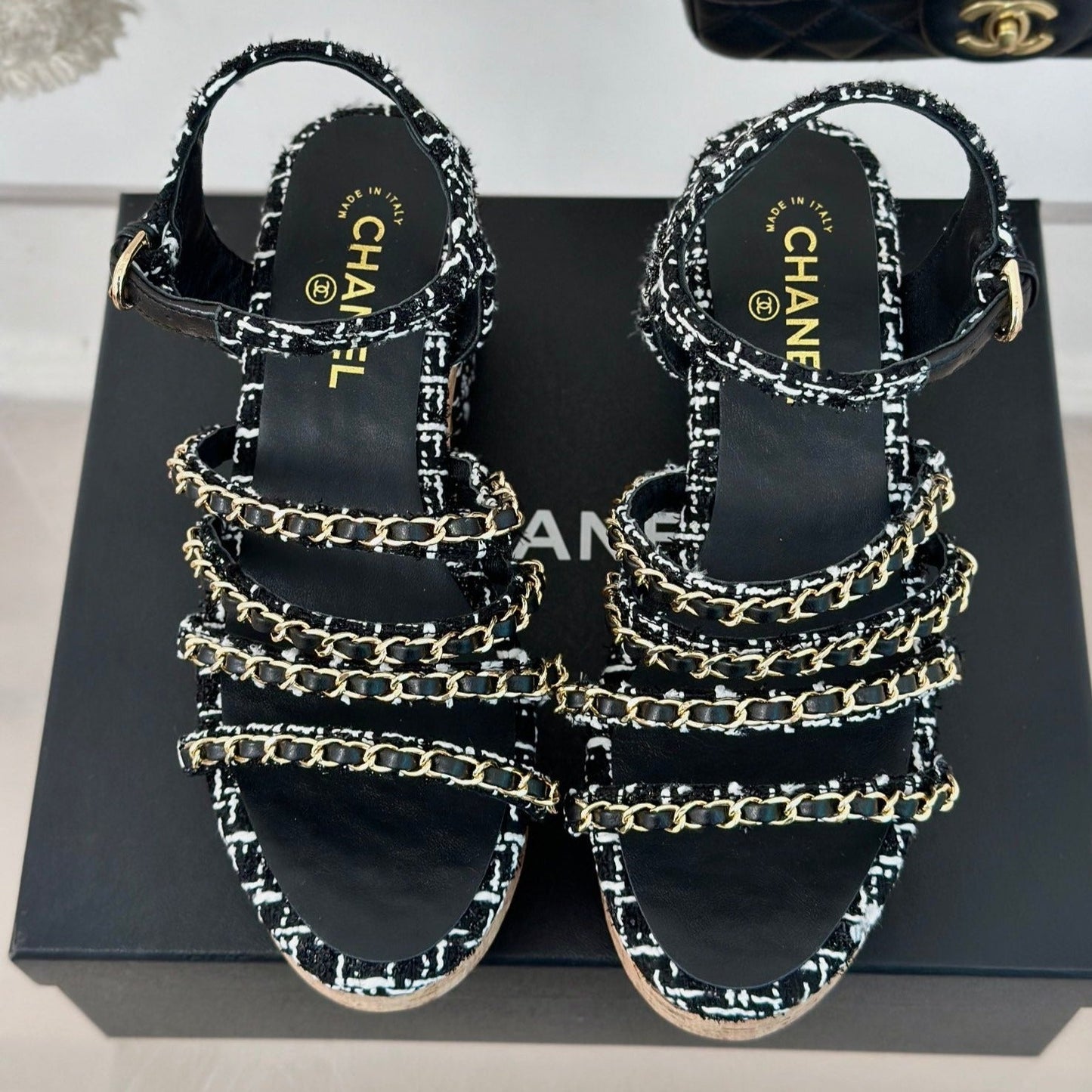 cc leather chain slingback sandal black calfskin