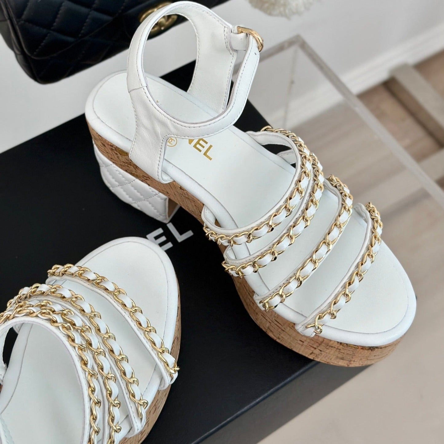 cc leather chain slingback sandal white calfskin