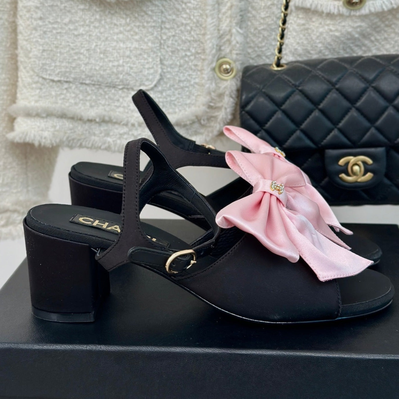 cc pink big bow slingback sandal 60 black lambskin