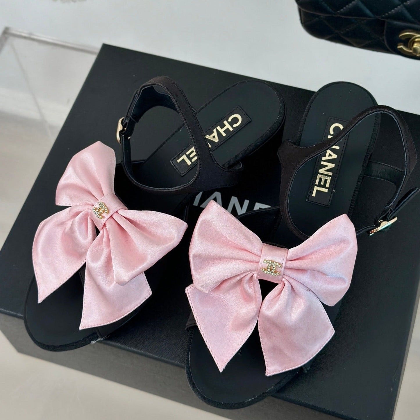 cc pink big bow slingback sandal 60 black lambskin