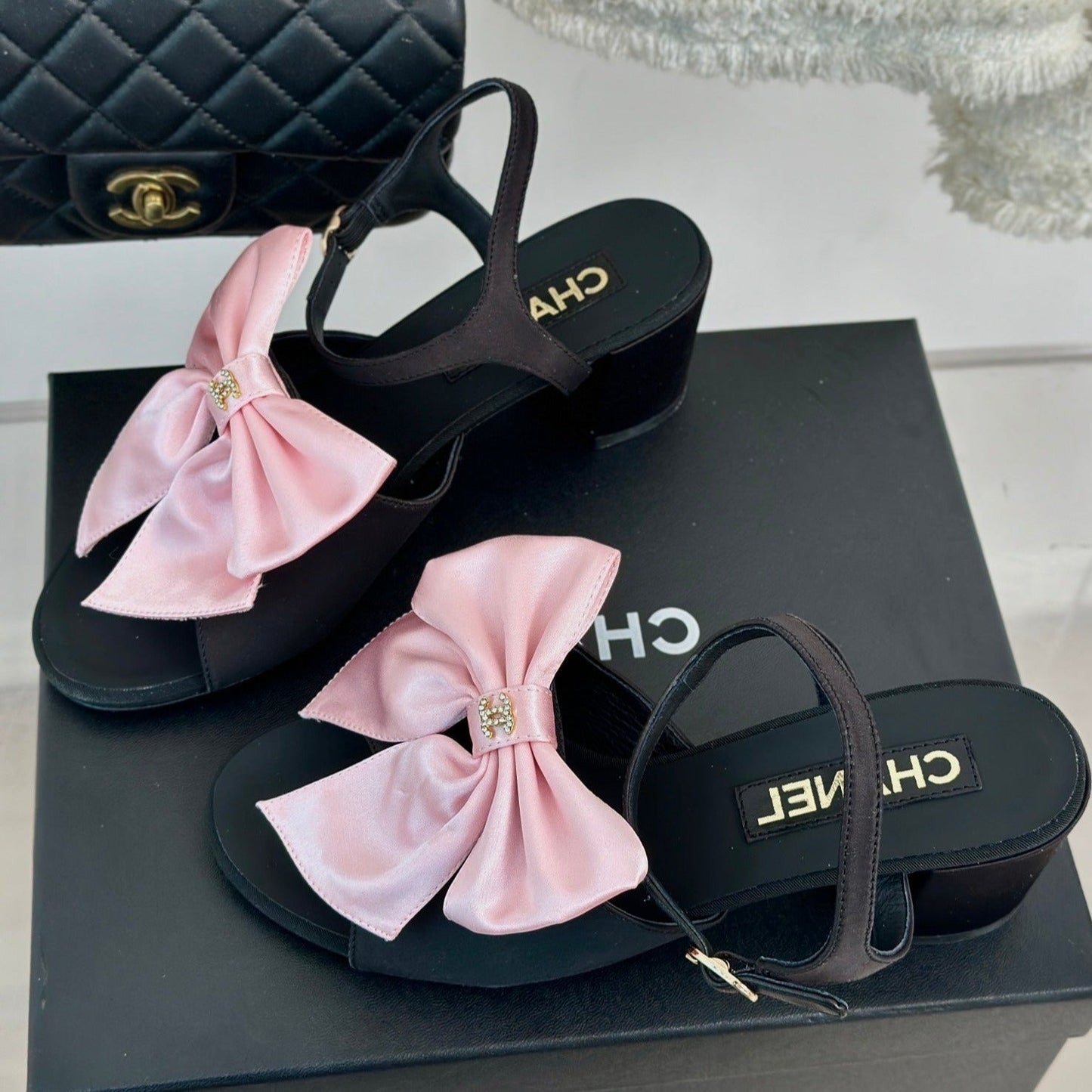 cc pink big bow slingback sandal 60 black lambskin