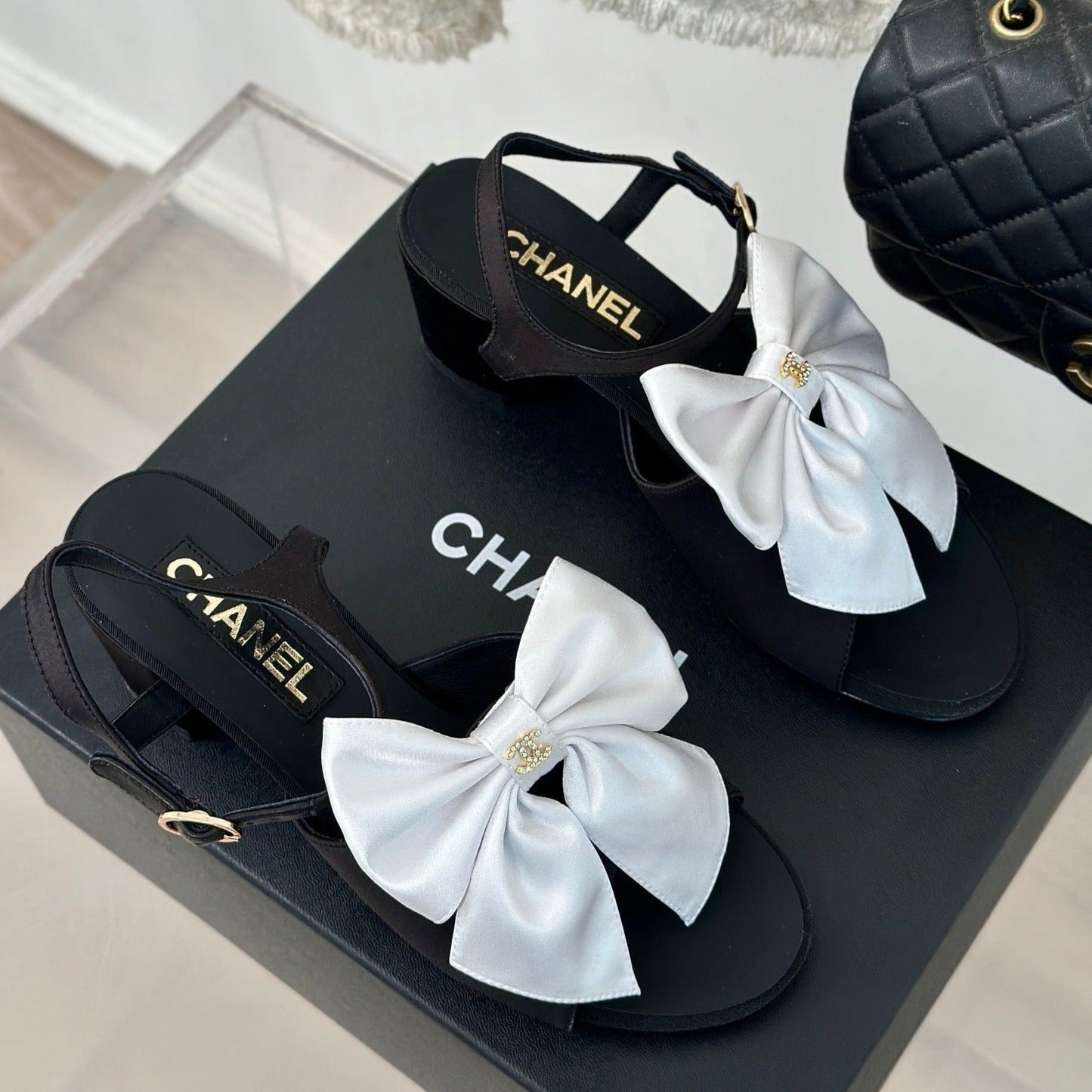 cc white big bow slingback sandal 60 black lambskin