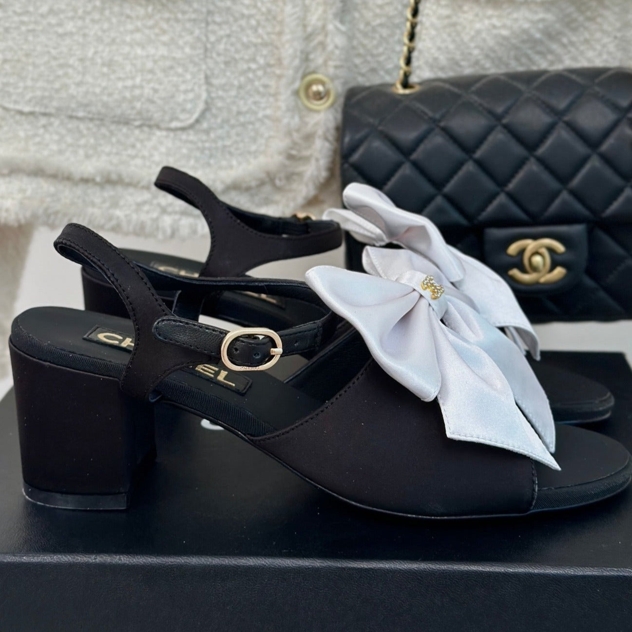 cc white big bow slingback sandal 60 black lambskin