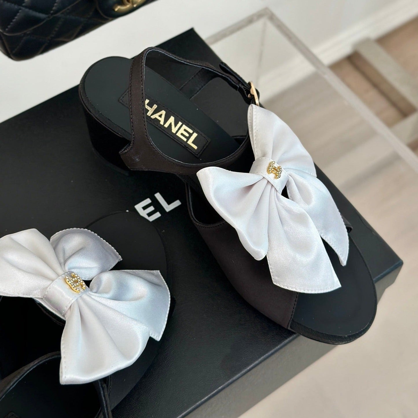 cc white big bow slingback sandal 60 black lambskin