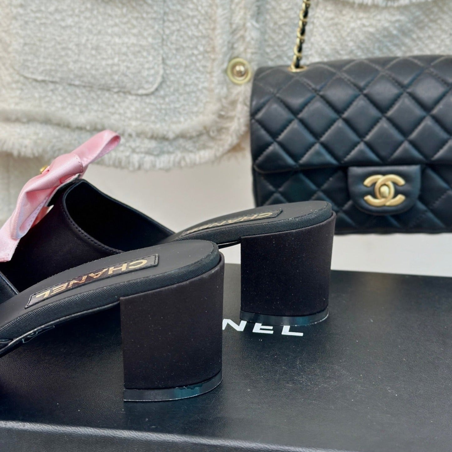 cc pink big bow sandal 60 black lambskin