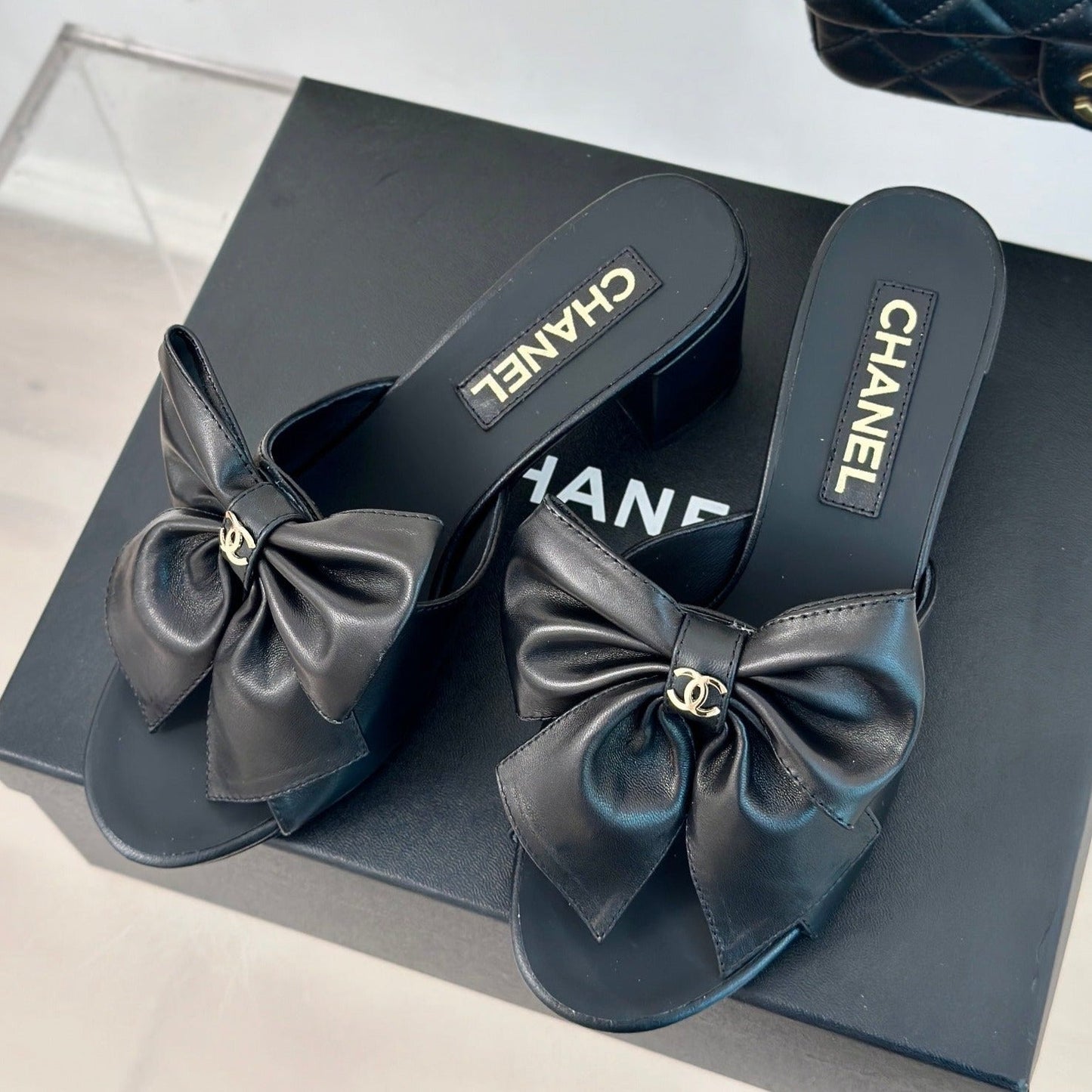 cc big bow sandal 60 black lambskin