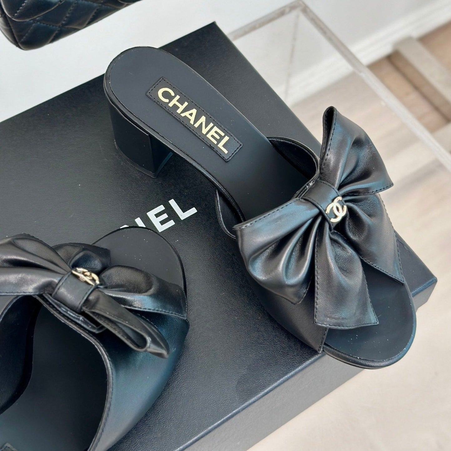 cc big bow sandal 60 black lambskin