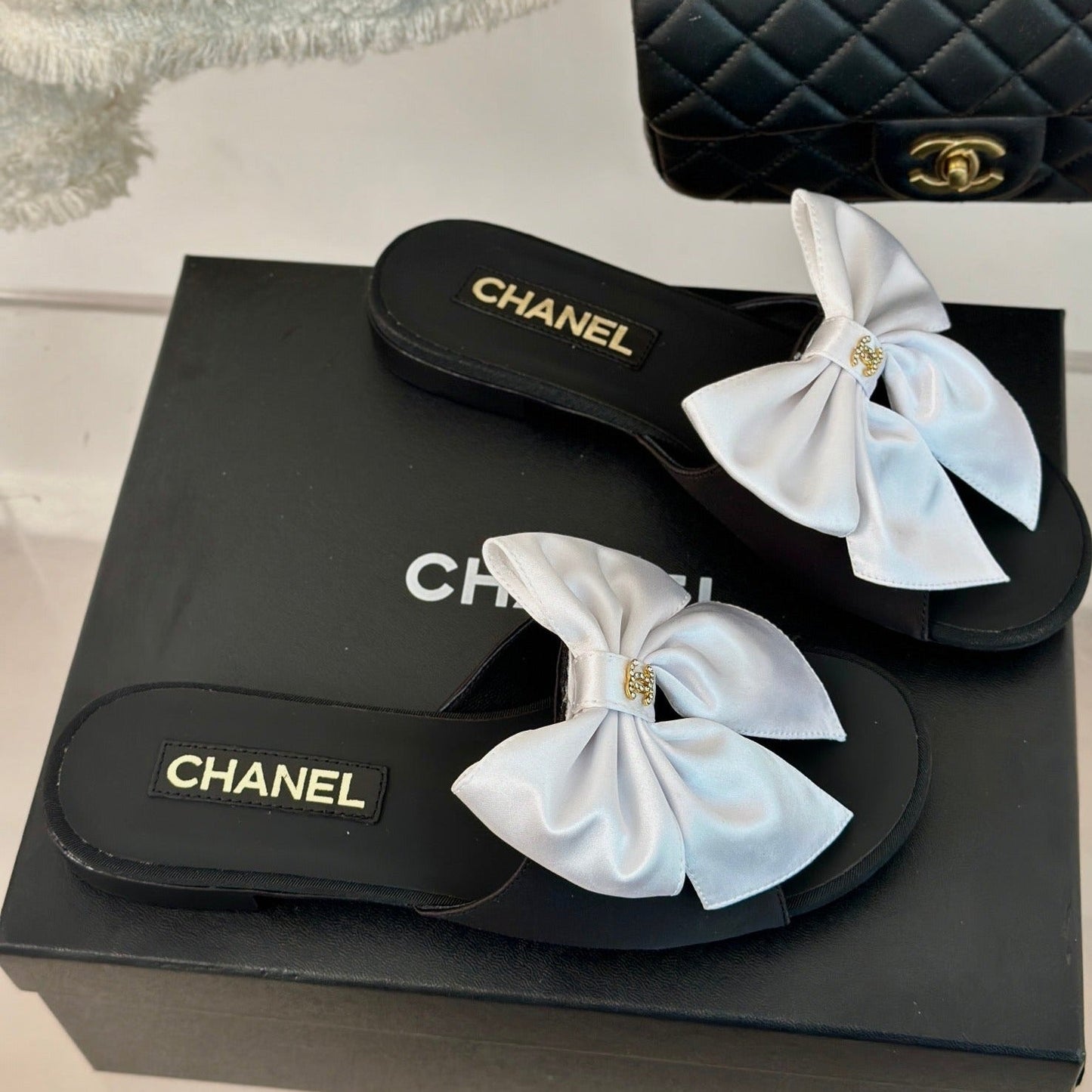 cc white big bow flat sandals black lambkin