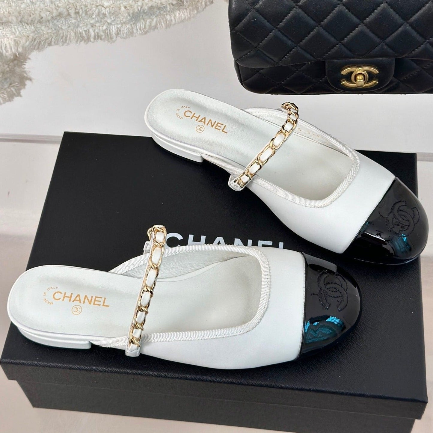 cc mule leather chain white calfskin black patent calfskin