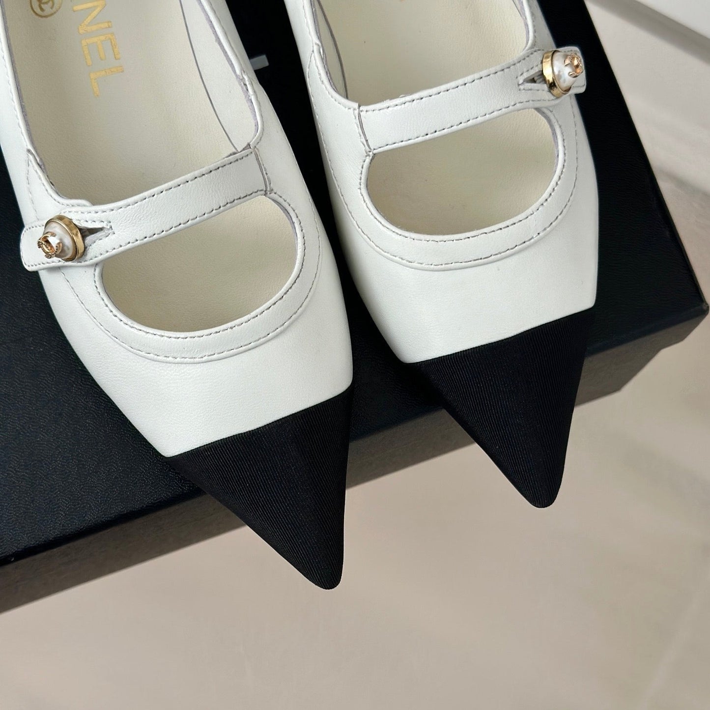 cc mary jane pointed toe white calfskin black grosgrain