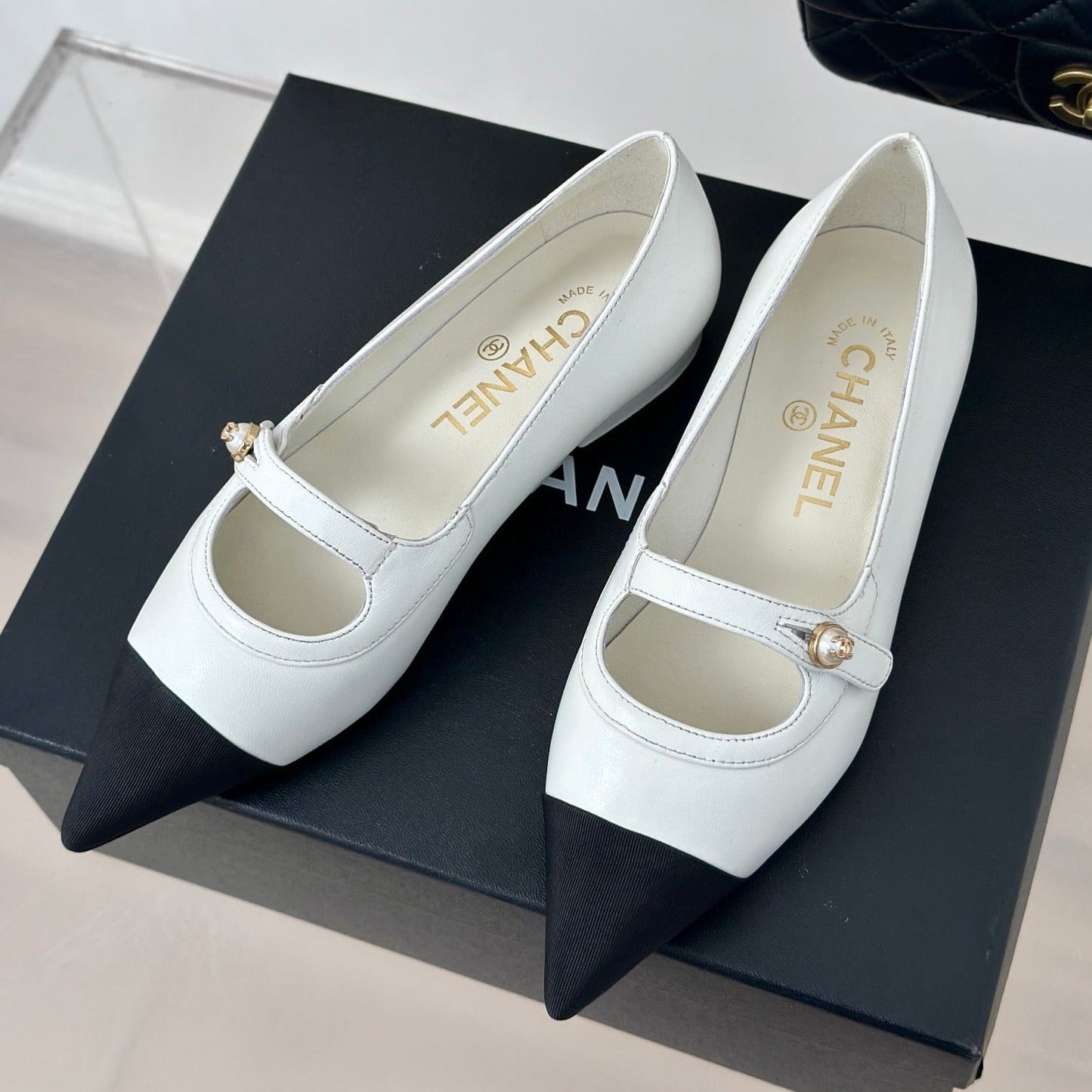 cc mary jane pointed toe white calfskin black grosgrain