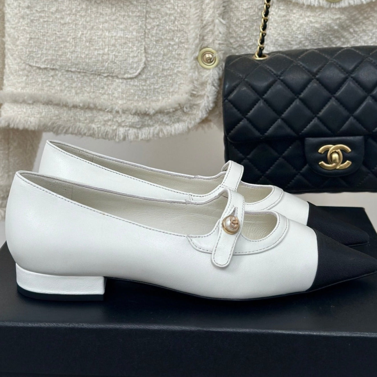 cc mary jane pointed toe white calfskin black grosgrain